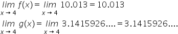 stack l i m with x rightwards arrow 4 below space f left parenthesis x right parenthesis equals stack l i m with x rightwards arrow 4 below space 10.013 equals 10.013
stack l i m with x rightwards arrow 4 below space g left parenthesis x right parenthesis equals stack l i m with x rightwards arrow 4 below space 3.1415926.... equals 3.1415926....